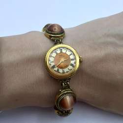 Vintage USSR Women's Wrist Watch Chaika Gold Plated Natural Cat's Eyes Working