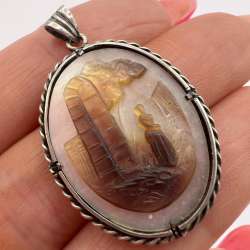 Antique Old Hand Carved Natural Shell Woman's Jewelry Pendant Cameo Silver 900
