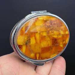 Vintage Makeup Compact Mirror Box Powder Box Metal Decor Genuine Baltic Amber