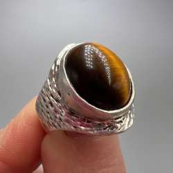 1970s Vintage Women's Jewelry Ring Silver Tiger's Eye Boho Handmade Size 7.5