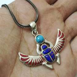 Sterling Silver 925 Egyptian Scarab Necklace – Turquoise & Lapis Style Charm