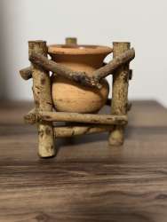 Handcrafted Clay Pot with Rustic Wooden Stand – 7 cm Diameter