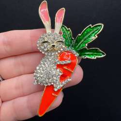 Cute Bunny Brooch Jewelry Carrot Crystal Rhinestone Pin Funny Gift Her Gold Tone