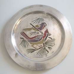 Glowing Enamel Ornate Bird Motif Metal Plate Vintage White Copper Unique Decor