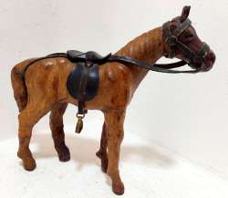Vintage Leather Wrapped Brown Horse Statue Figure Saddle Brass Tack Black 7.8