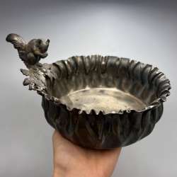 Antique Quadruple Silverplate Nut Dish Squirrel Oak Leaves Ruffled Bowl 1880s