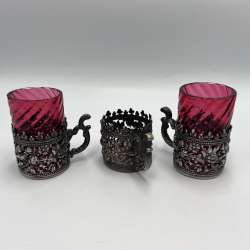 Vintage Ruby Glass Tea Cups With Ornate Silver Holders Rare Antique Style Set