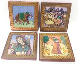 Lot of 4 Handmade Vintage Indian Sheesham Wood Brass Gemstone Art Small Plate