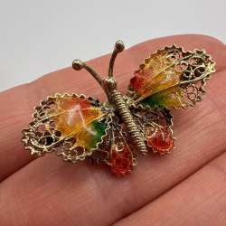 Antique Italian Butterfly Brooch Filigree Gilt Silver 800 Enamel Vintage Jewelry