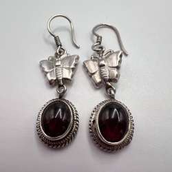 Vintage Sterling Silver 925 Butterfly Drop Earrings Garnet Stone Dangle Boho Jew