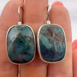 Huge Vintage Women's Jewelry Silver 800 Stud Earrings Natural Chrysocolla Stone
