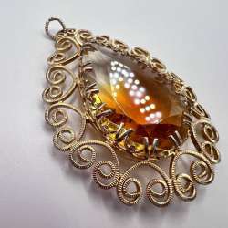 Vintage Sarah Coventry Pendant Filigree Gold Tone Amber Glass Teardrop Retro 6cm