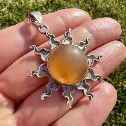 Fine Vintage Sterling Silver 925 Women's Chain Necklace Pendant Sun Amber Signed