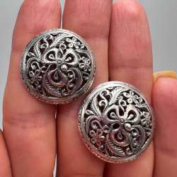 Vintage Sterling Silver 925 Filigree Clip On Earrings Floral Round Marked 8.6g