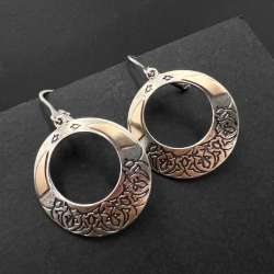 Vintage Women's Jewelry 925 Silver 14K Gold Hoop Earrings Floral Engraved 8.6gr