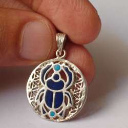925 Silver Scarab Pendant – Egyptian Jewelry with Blue Inlay & Antique Design