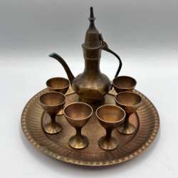 Vintage Brass Middle Eastern Coffee Set Tray 6 Cups Pot Hand Engraved Home Decor