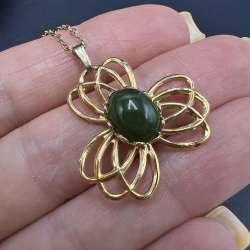 Vintage Gold Tone Flower Pendant Necklace Green Cabochon Statement Jewelry