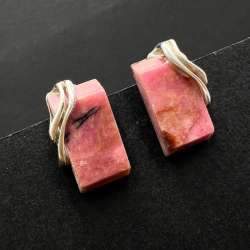 Sterling Silver 925 Rhodonite Stud Earrings Handmade Geometric Pink Stone Marked