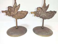 Pair Vintage Brass Cherub Angel Flute Harp Taper Candlestick Wedding Tall 7.8