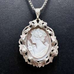 Vintage 925 Sterling Silver Shell Cameo Pin Brooch Pendant Woman Portrait Italy