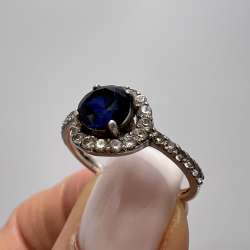 Elegant Sterling Silver 925 Halo Ring with Blue Sapphire CZ & Accent Stones
