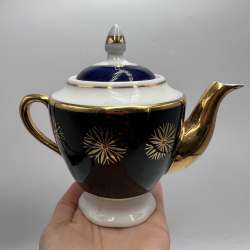 Teapot Retro 70s Porcelain Collectible Cobalt Blue Gold Gilded