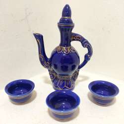 Vintage Russian Blue Ceramic Small Jug and 3 Cups Pitcher with Gold Floral Cute