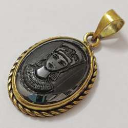 Vintage copper pendant with hematite stone, engraved Egyptian Queen design