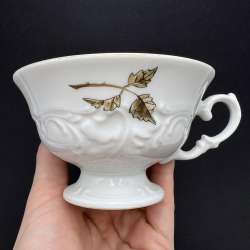 ANTIQUE Walbrzych Poland Porcelain Pedestal Cup Handpainted Gold Leaf Vine 109 g