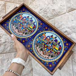Vintage Handmade Jerusalem Wood Tray Colorful Ceramic Tiles Judaica Israel Gift