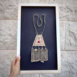 Antique Yemenite Tribal Bedouin Silver Necklace Framed Picture Ethnic Jewelry