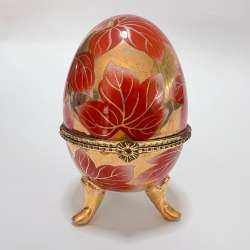 Vintage Porcelain Egg Trinket Box | Red Floral Gilded Jewelry Holder Decor Gift