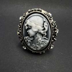 Hand-engraved blue ceramic women's ring collectible metal Vintage Jewelry