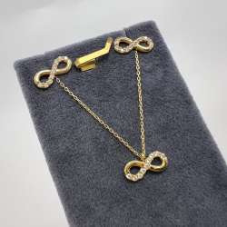 New 14K Solid Gold Infinity Necklace & Stud Earrings Set with CZ Italy Gift 2.8g