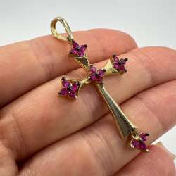 14K Yellow Gold Cross Pendant Ruby Gemstone Religious Jewelry Italy Gift 3.2g