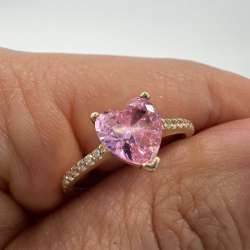 New 14K Solid Gold Ring Women’s Jewelry Heart Pink Gemstone Italy Gift Size 7