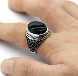 925 Sterling Silver Men Ring Bezel Setting Natural Black Agate Stone Retro Punk