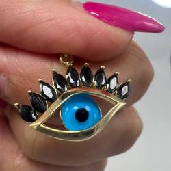 New 14K Gold Evil Eye Pendant Blue Glass & Black Stones Italy Gift for Her 2.5g