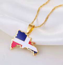 Dominican Republic map necklace with multicolor flag design in silver or gold.