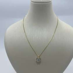 New 14K Solid Gold Necklace Italy Flower Cluster Pendant with White Zircon 2.3g