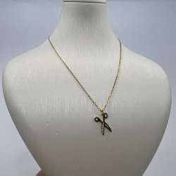 New 14K Solid Gold Necklace Italy – Scissors Pendant with White Zircon 2.1g
