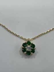 New 14K Solid Gold Necklace Italy – Green & White Zircon Flower Pendant 2.1g