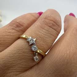 New 14K Solid Gold Ring Italy Star & White Zircon Drop Design Size 7 Weight 1.3g