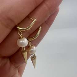 New 14K Solid Gold Earrings with Natural Pearls & Cone Drops 3.3g Italy