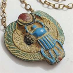 Handmade Egyptian Scarab Necklace with Wings & Red Sun – Unique Collectible