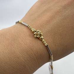 New 14K Solid Gold Two-Tone Bracelet Italy – Textured & Polished Beads 4.3g