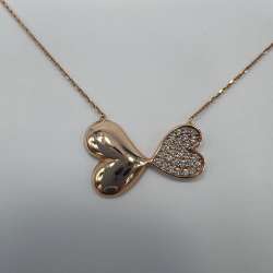New Elegant 14K Solid Gold Italian Necklace – Double Heart Pendant with CZ 3.3g
