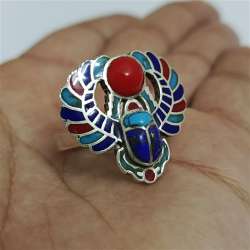 925 silver adjustable ring with scarab, turquoise, coral, lapis, enamel Unique