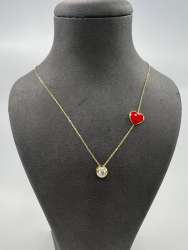 New 14K Solid Gold Necklace Italy – Red Enamel Heart & Solitaire Pendant 2.2g